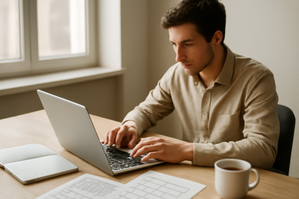Seseorang sedang mengerjakan proyek kursus di laptop untuk membangun portofolio