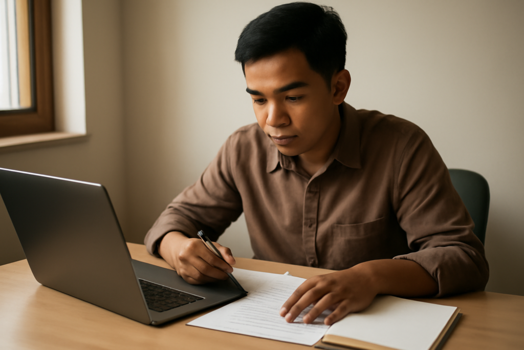 Peserta pelatihan menyusun rencana belajar karier dengan laptop dan catatan di meja kerja