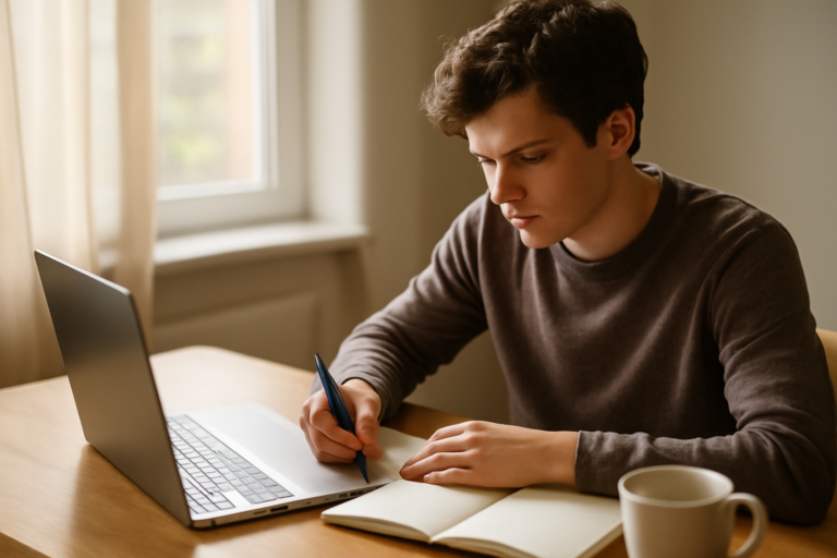 Seseorang mengikuti kursus online di meja belajar dengan laptop dan catatan