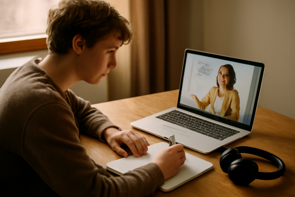 Seseorang mengikuti kursus bahasa Inggris online dari rumah dengan laptop dan headset