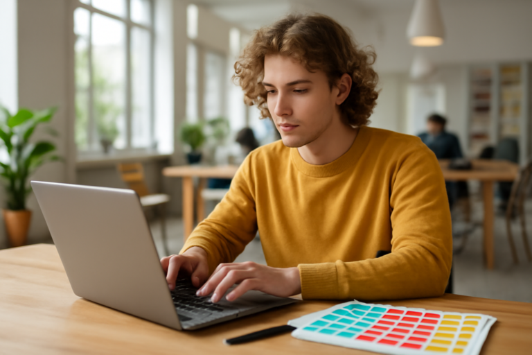 Seorang desainer grafis bekerja di laptop dengan tablet grafis dan contoh warna di meja